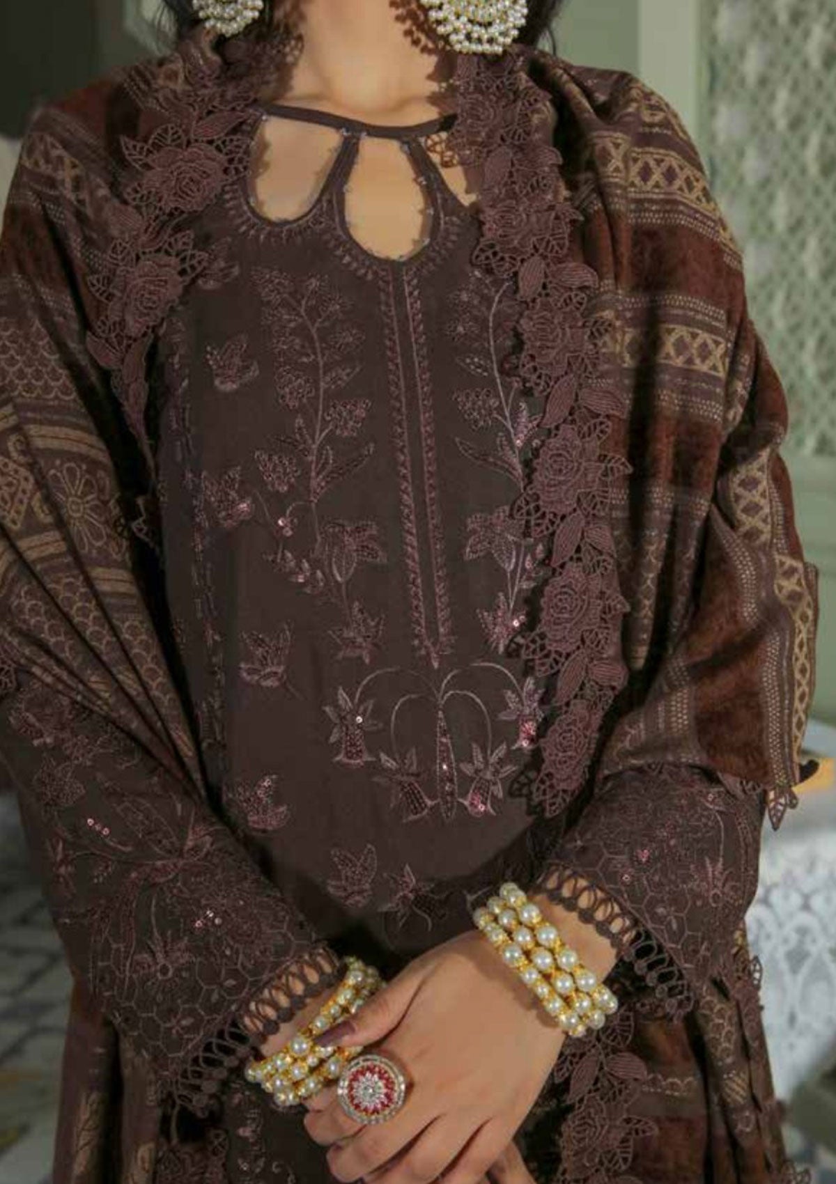 Winter Collection - Nureh - Chikankari - Leather Peach - NEP#15 available at Saleem Fabrics Traditions