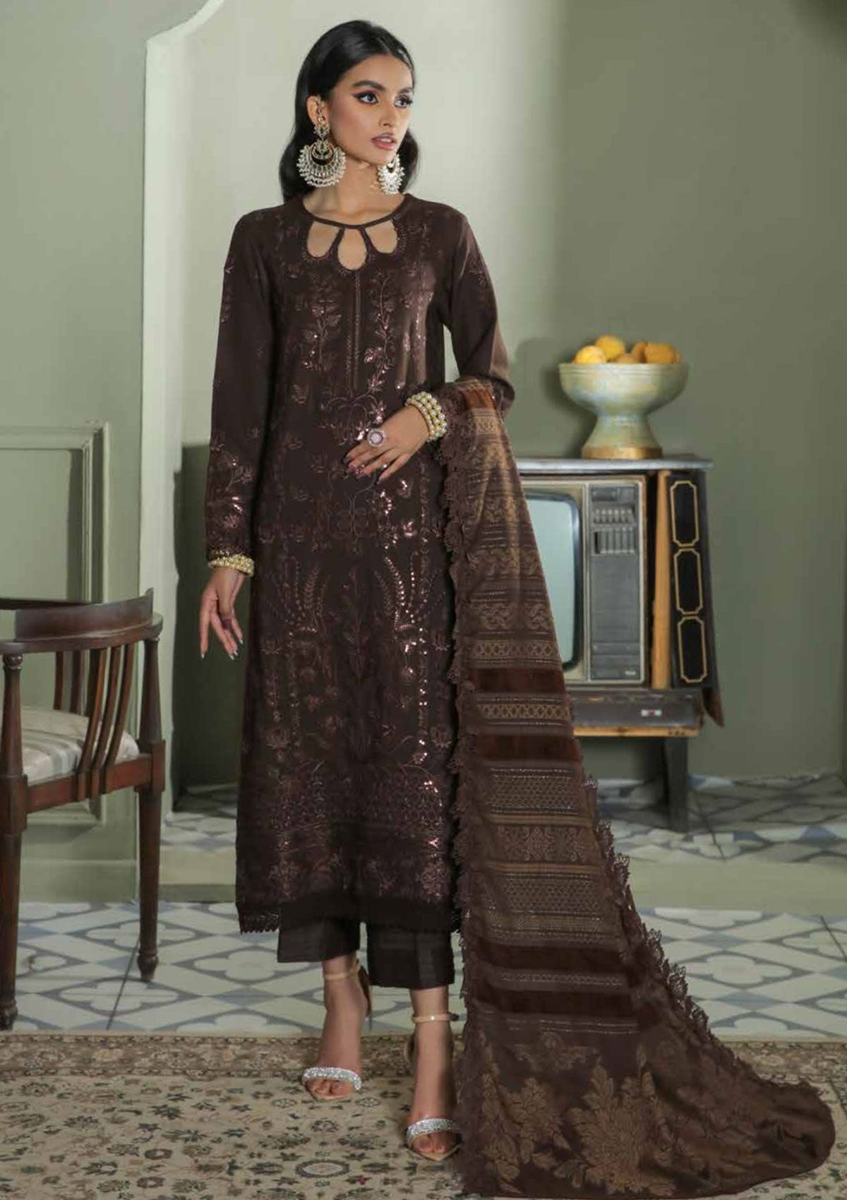 Winter Collection - Nureh - Chikankari - Leather Peach - NEP#15 available at Saleem Fabrics Traditions