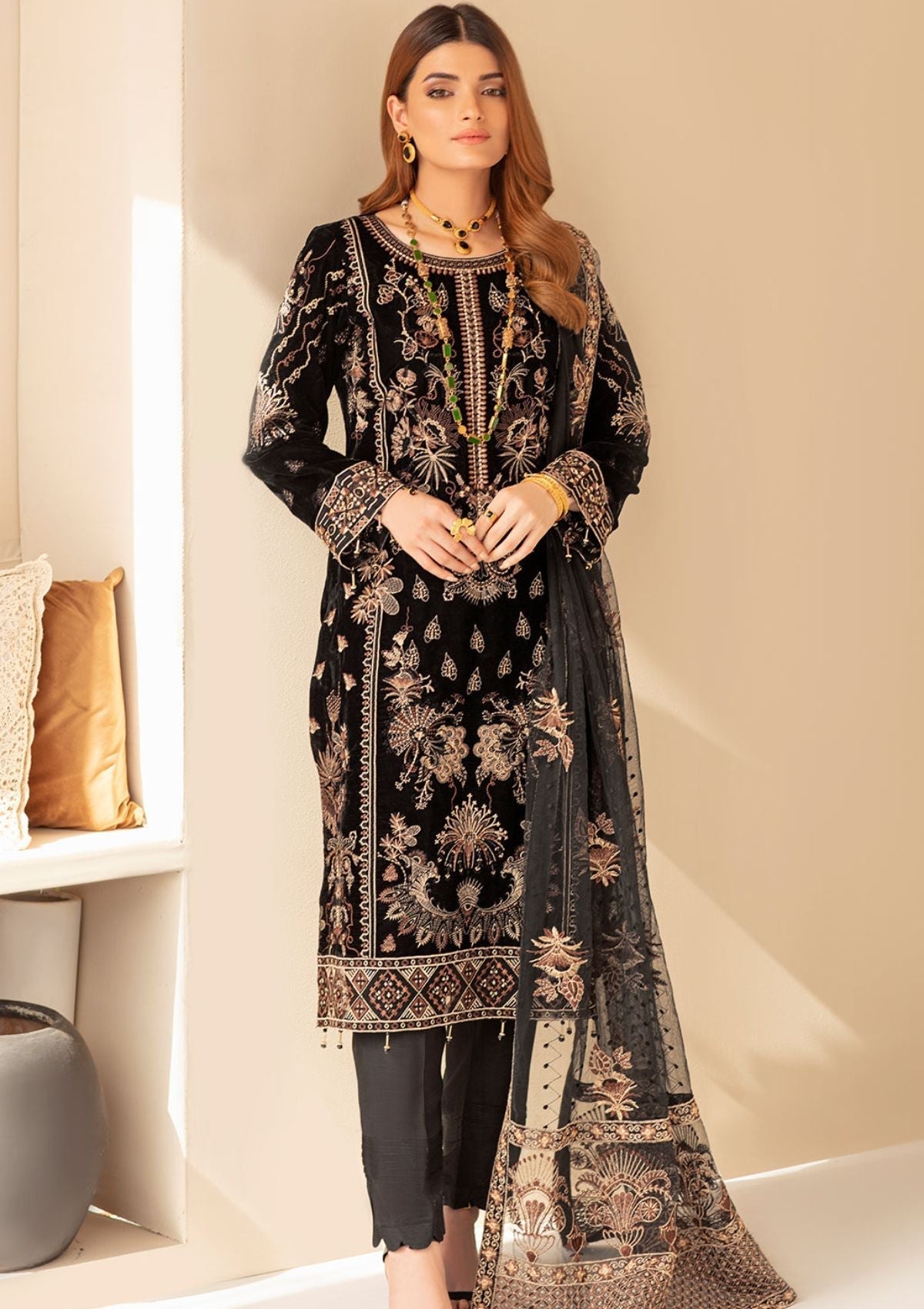 Winter Collection - Ramsha - Velvet - V04 - D#401 (Black) available at Saleem Fabrics Traditions