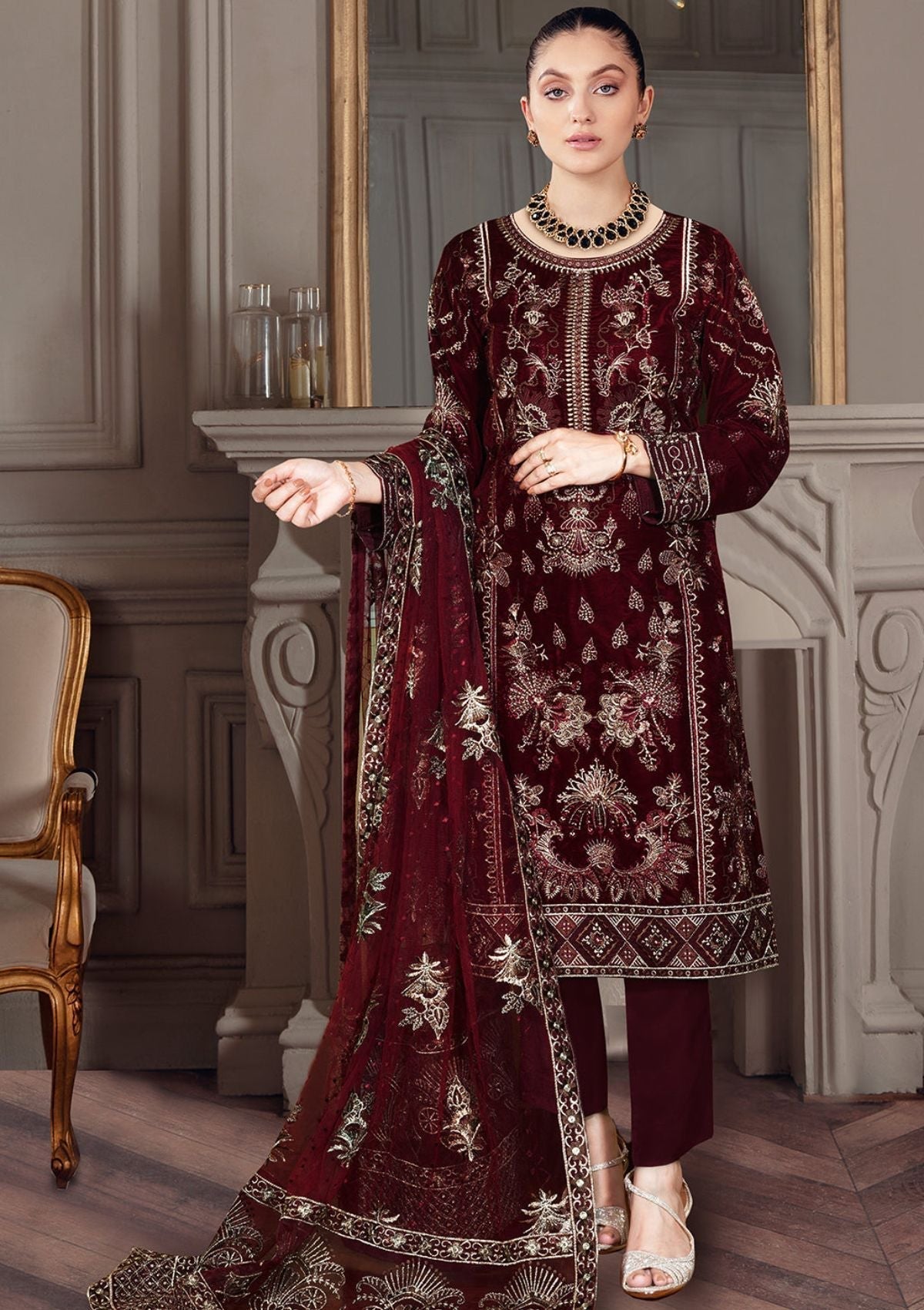 Winter Collection - Ramsha - Velvet - V04 - D#401 (Maroon) available at Saleem Fabrics Traditions