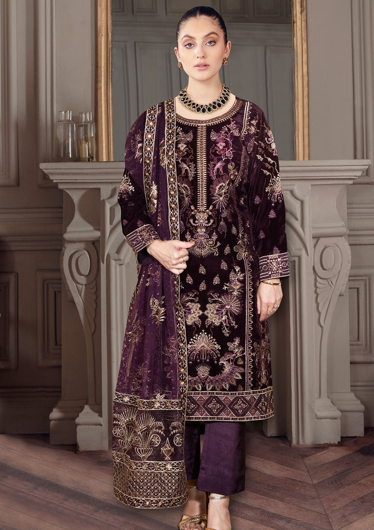 Winter Collection - Ramsha - Velvet - V04 - D#401 (Plum) available at Saleem Fabrics Traditions