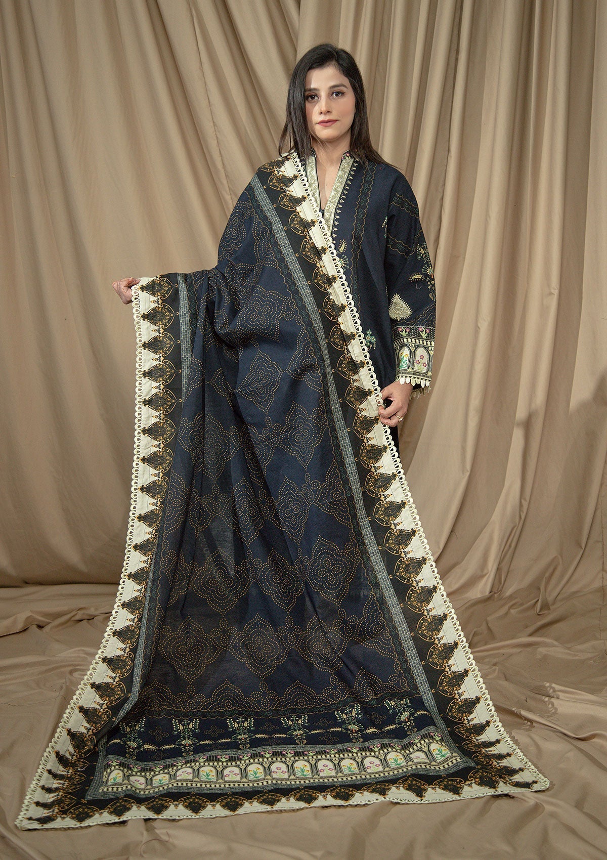 Winter Collection - Rubaaiyat - D/Print Khaddar - D#01 (Black 4) available at Saleem Fabrics Traditions