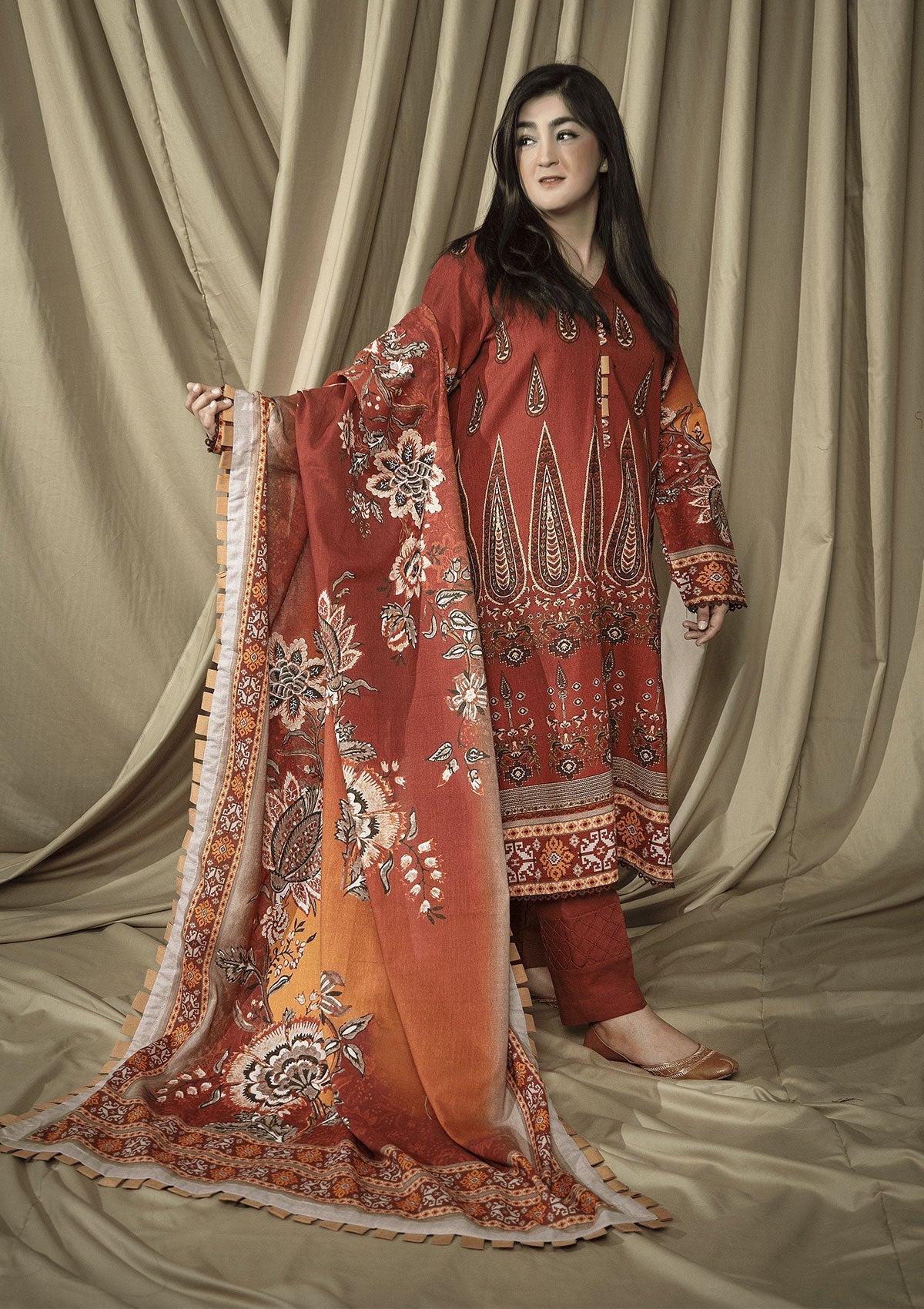 Winter Collection - Rubaaiyat - D/Print Khaddar - D#01 (D Rust) available at Saleem Fabrics Traditions