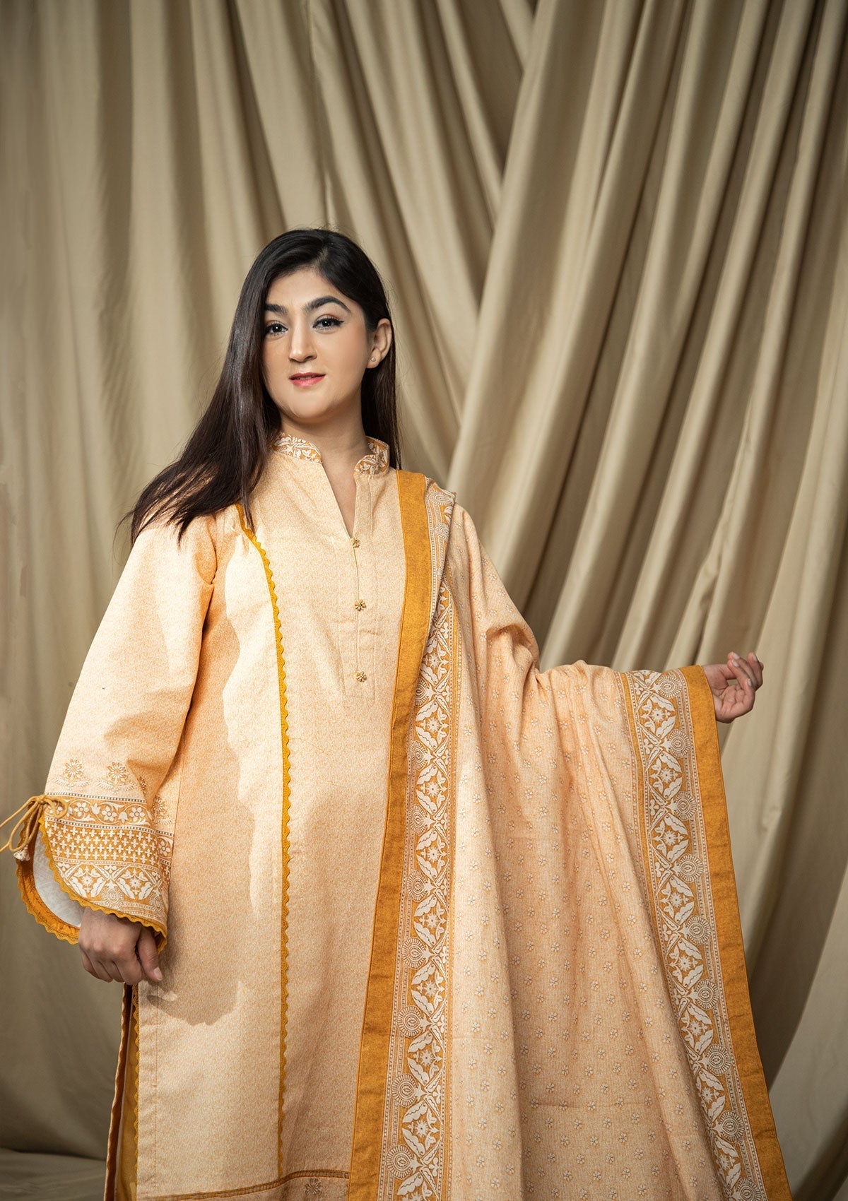 Winter Collection - Rubaaiyat - D/Print Khaddar - D#01 (L Mustard) available at Saleem Fabrics Traditions