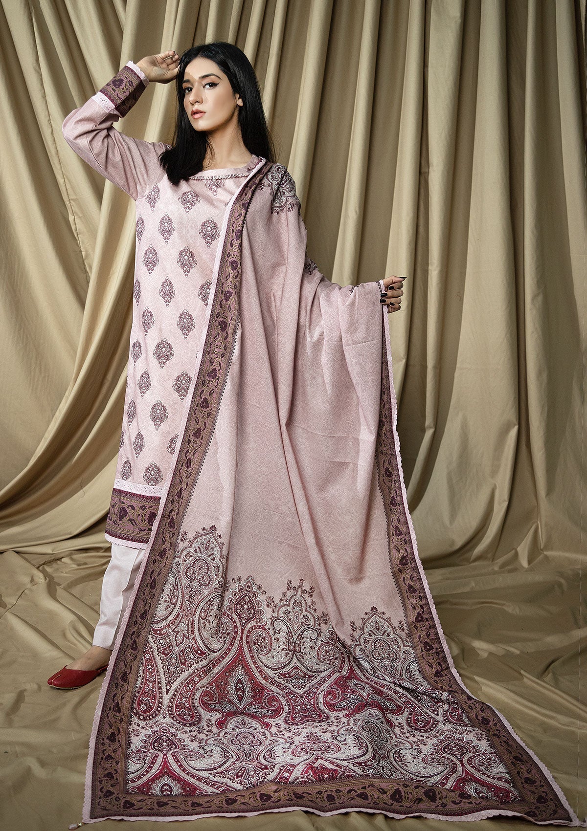 Winter Collection - Rubaaiyat - D/Print Khaddar - D#01 (LT Pink) available at Saleem Fabrics Traditions