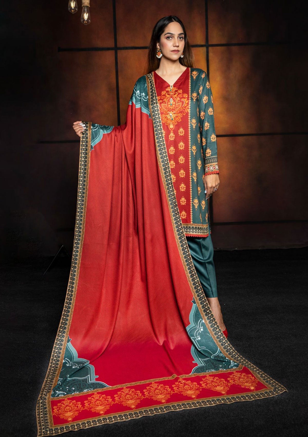 Winter Collection - Rubaaiyat - D/Printed Marina - 3pcs - D#01 (D Green) available at Saleem Fabrics Traditions