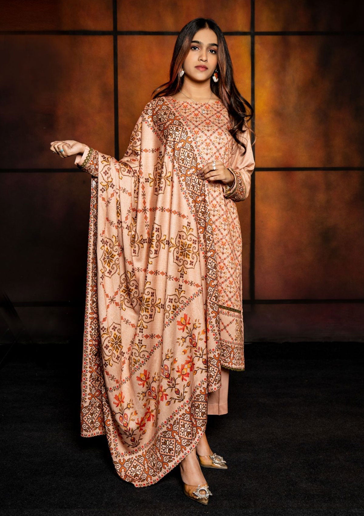 Winter Collection - Rubaaiyat - D/Printed Marina - 3pcs - D#01 (D Peach) available at Saleem Fabrics Traditions