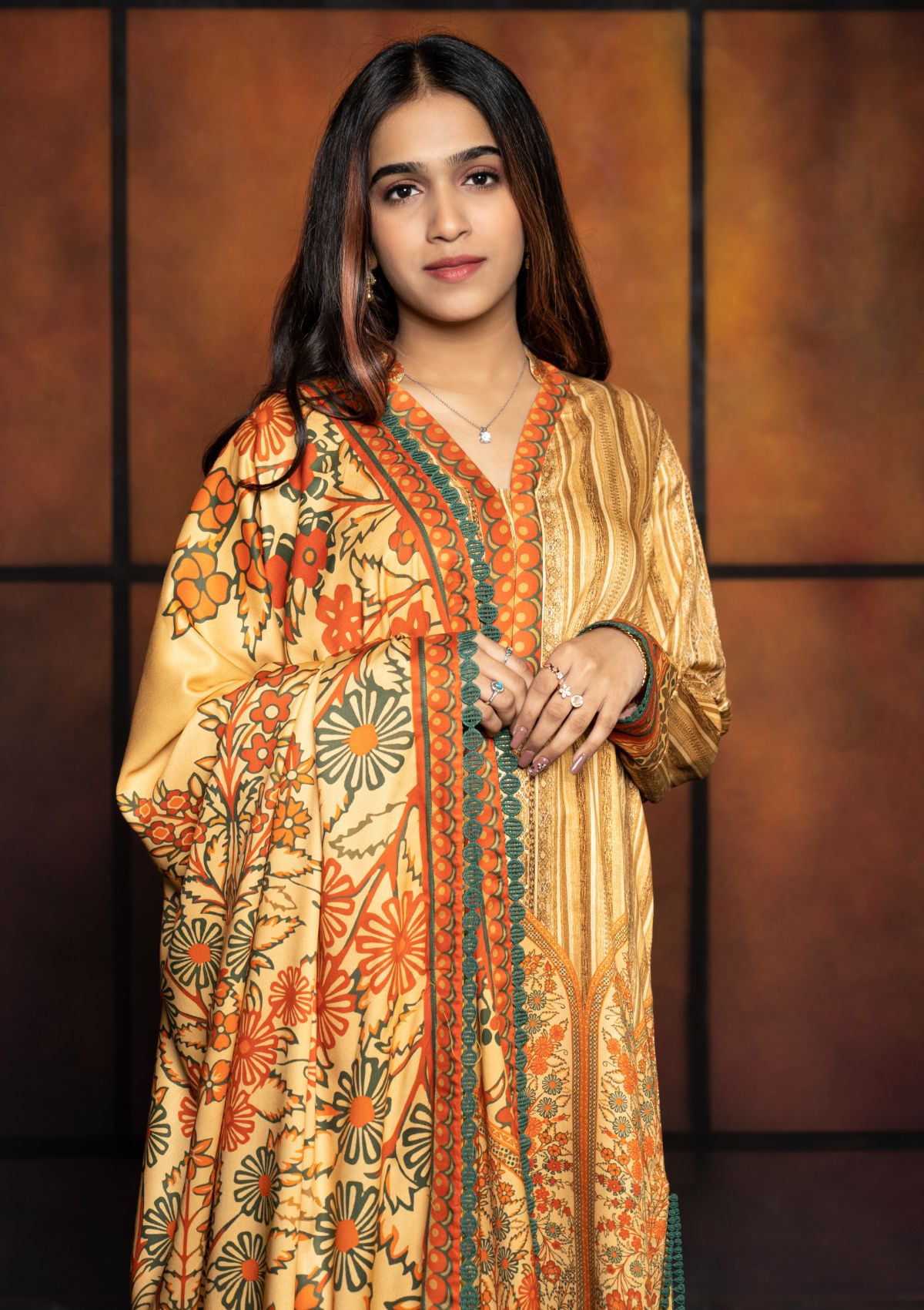 Winter Collection - Rubaaiyat - D/Printed Marina - 3pcs - D#01 (Golden) available at Saleem Fabrics Traditions