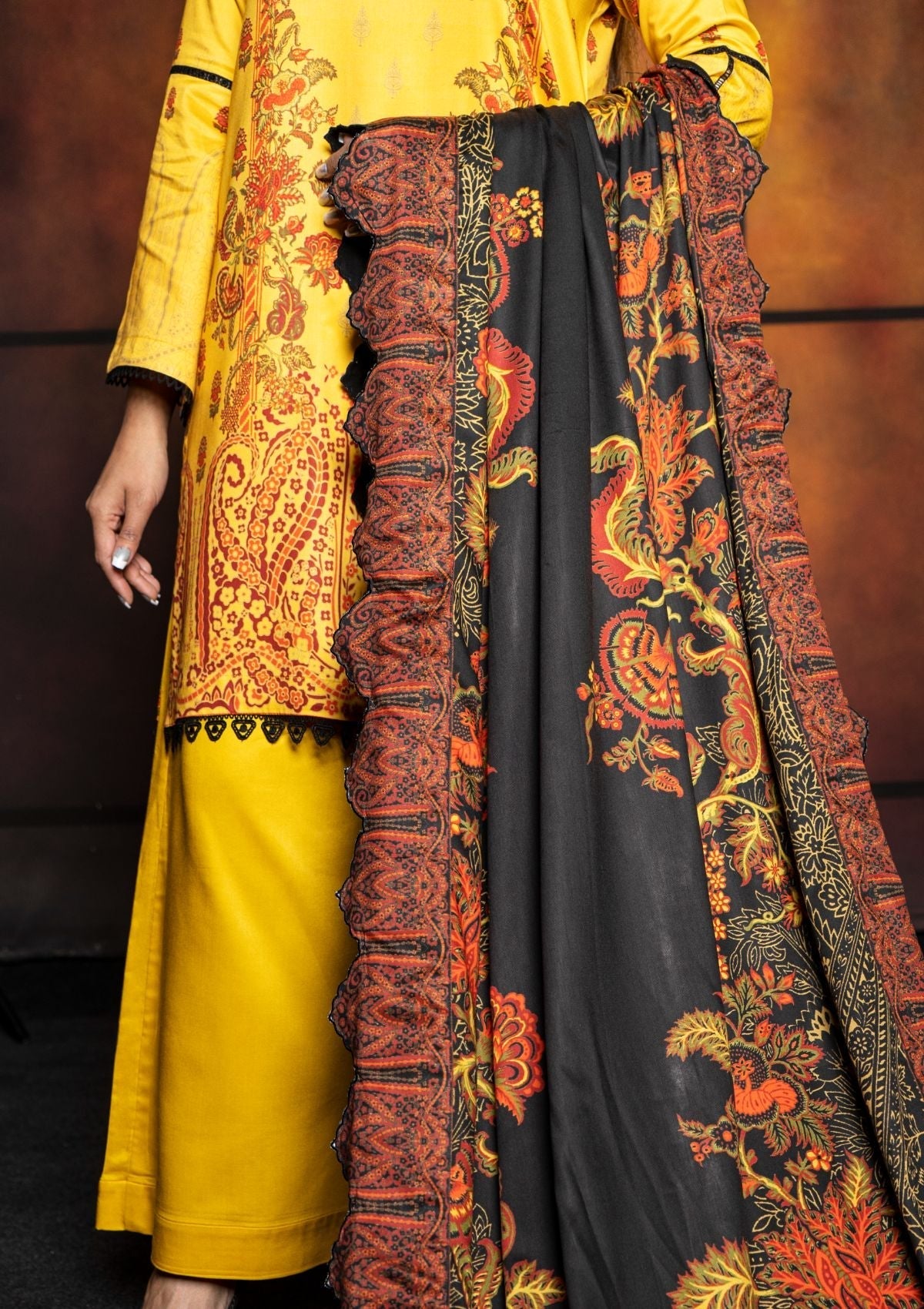 Winter Collection - Rubaaiyat - D/Printed Marina - 3pcs - D#01 (Yellow) available at Saleem Fabrics Traditions