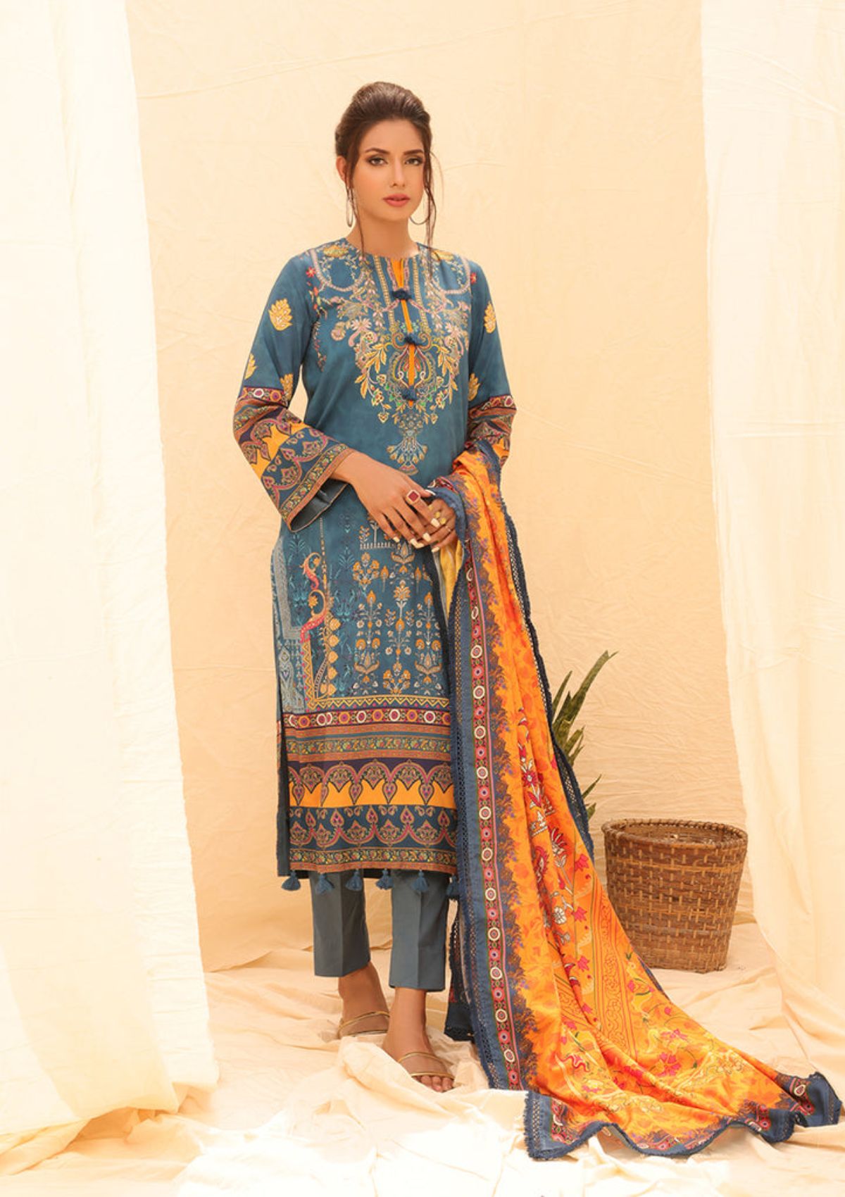 Winter Collection - Salitex - Printed Linen - V01 - WK#01179 (R Blue) available at Saleem Fabrics Traditions