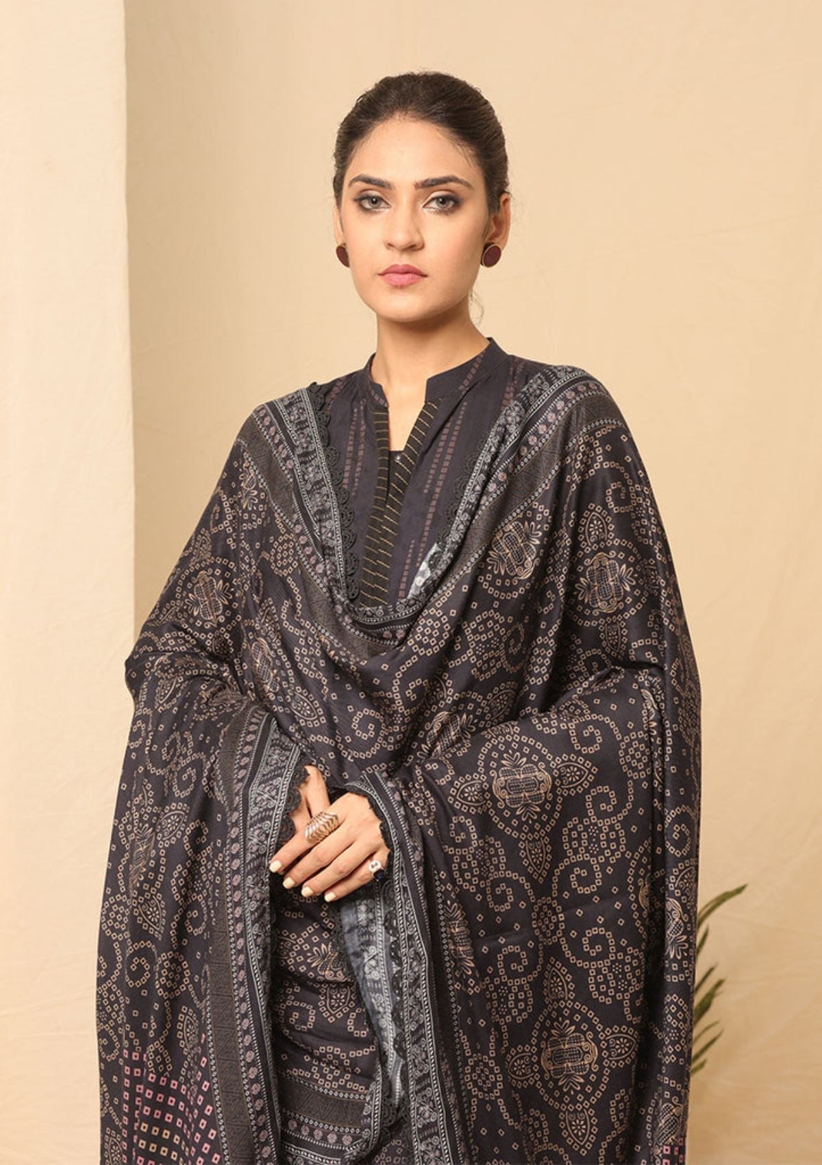 Winter Collection - Salitex - Printed Linen - V01 - WK#01181 (Charcoal) available at Saleem Fabrics Traditions