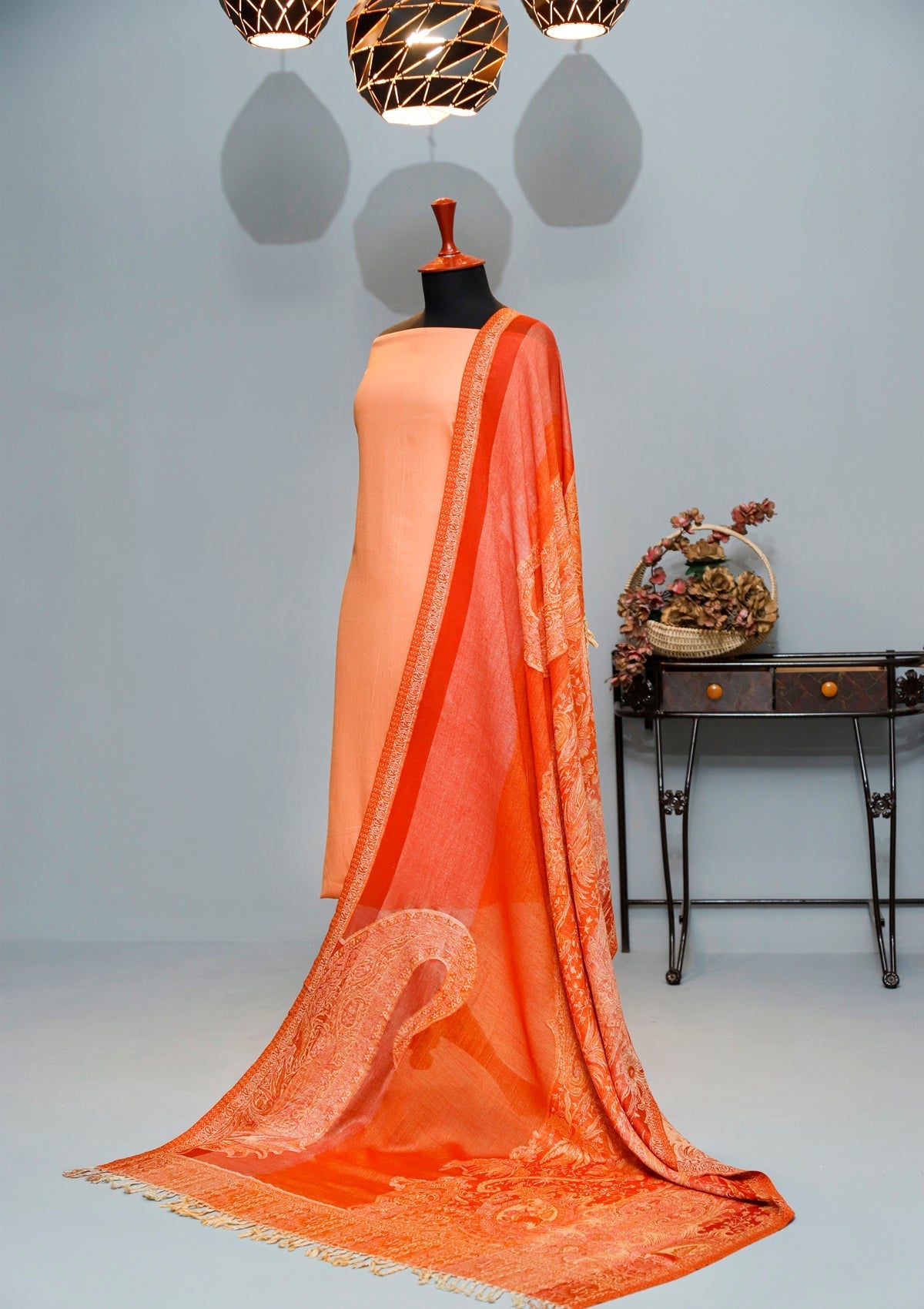 Winter Dress - Plain Marina Suit Jamawar Shawl - 3Pcs - J#02 (Orange) available at Saleem Fabrics Traditions