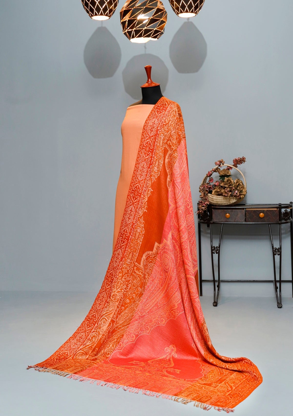 Winter Dress - Plain Marina Suit Jamawar Shawl - 3Pcs - J#04 (Orange) available at Saleem Fabrics Traditions